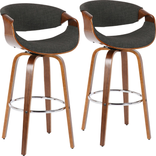 Curvini Bar Stool in Walnut Wood & Charcoal Fabric (Set of 2)